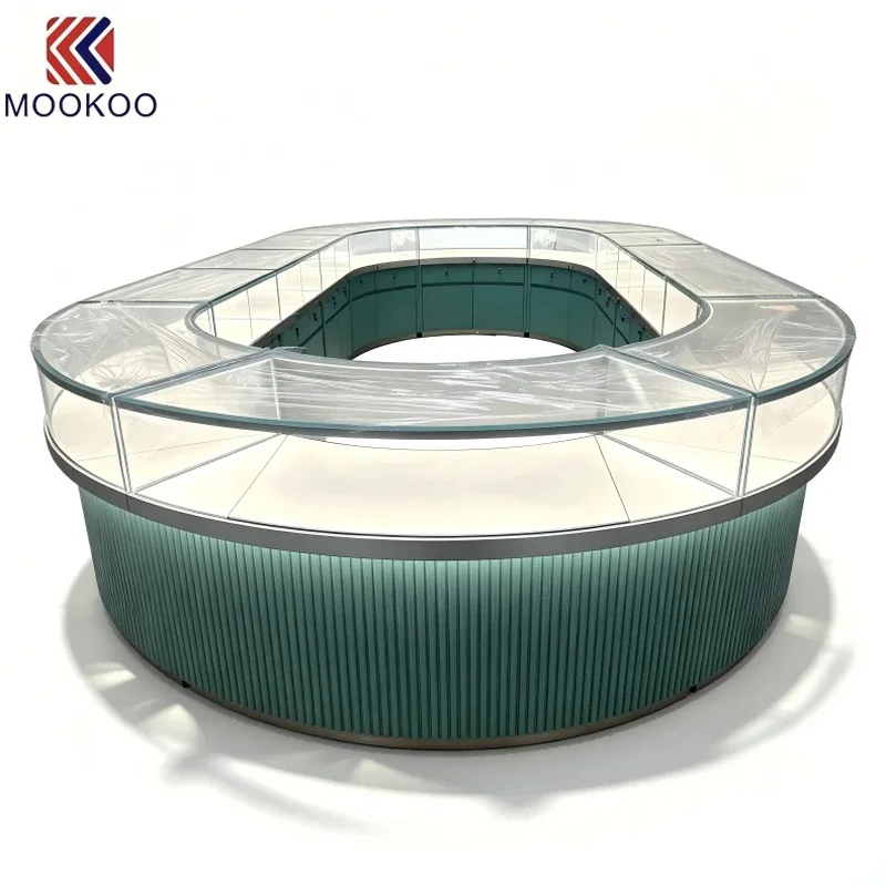 custom.U-Shape Fluted Green Base Frameless Glass Jewelry Display Island with LED Lighting Lockable Drawers Luxury Jewelry St