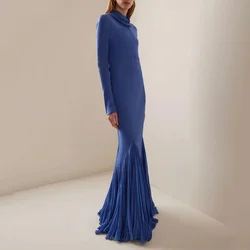 Dark Blue High Neck Pleat Mermaid 2024 Long Sleeves Backless Formal Ocassion Gown Floor-Length Evening Dress