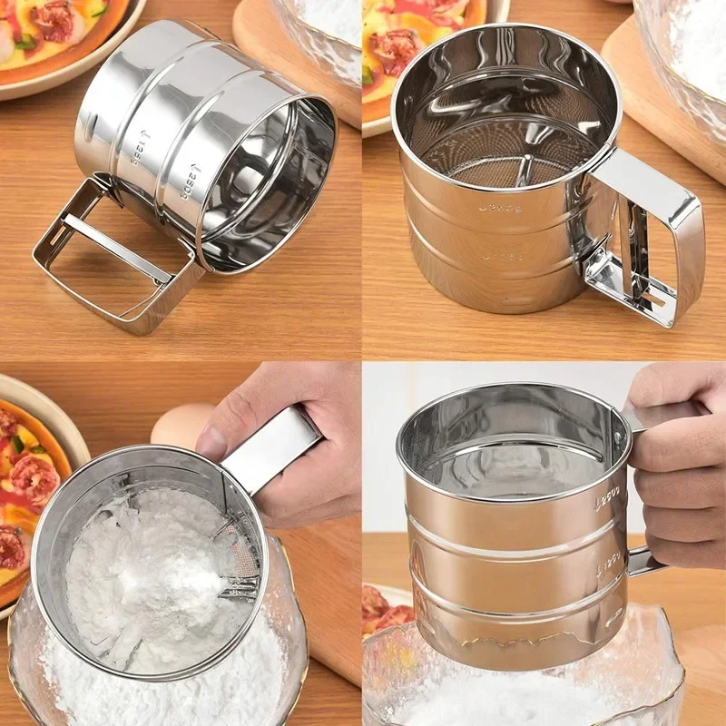 Stainless Steel Flour Sifter Handheld Semi-Automatic Pressing Flour Sieve Cup Flour Sugar Powder Shaker Filter Baking Supplies