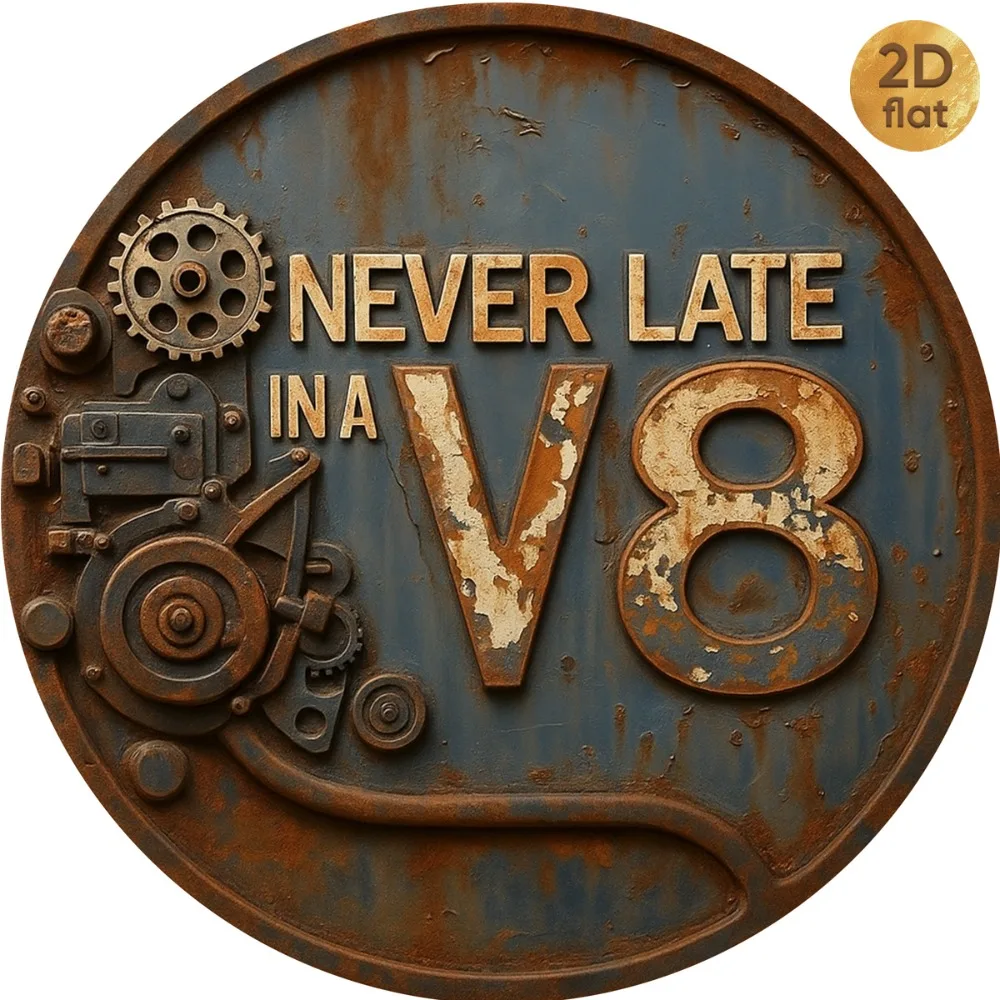 2D Flat „Never Late in V8“ Retro-Metallschild – 7,87 x 7,87 Zoll, rustikale Autogetriebe, Kunst, Garagendekoration, Geschenk für Autoliebhaber