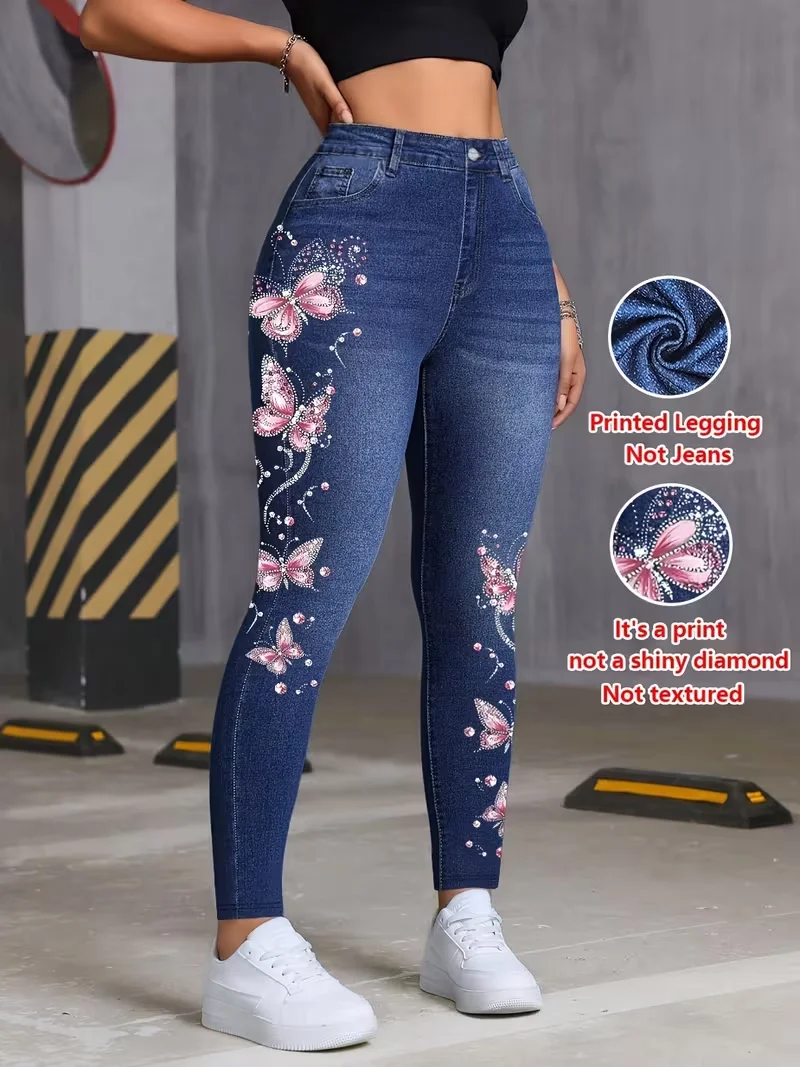 Bedruckte Leggings für Damen, kein Denim-Stoff, Hosen mit aufgesetzter Tasche und Knopfdruck-Design, hochelastisch, modisch, schmal geschnitten, lässig. – Detail 2
