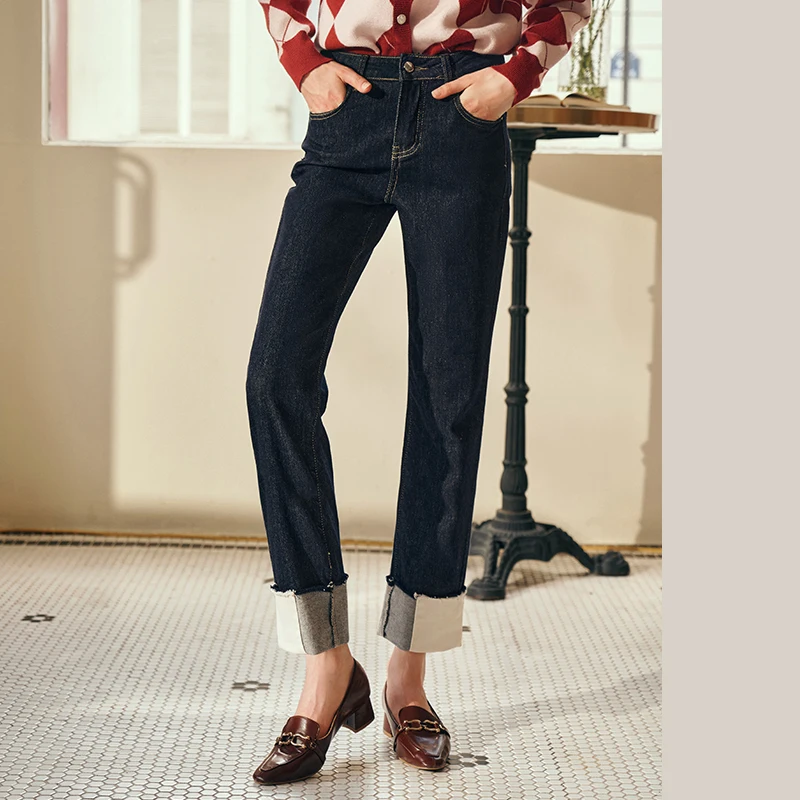 OLrain Women Fashion Denim Jeans Autumn 2026 Slim Fit Ankle Length Trousers Patchwork Cuffed Hem Pant Female Clothing O23QA80110