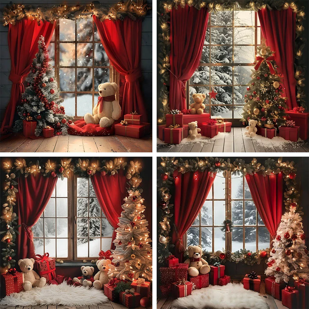 

Mehofond Photography Background Christmas Toy Bear Family Portrait Kids Window Curtain Snowy Pine Tree Decor Photo Backdrop Prop