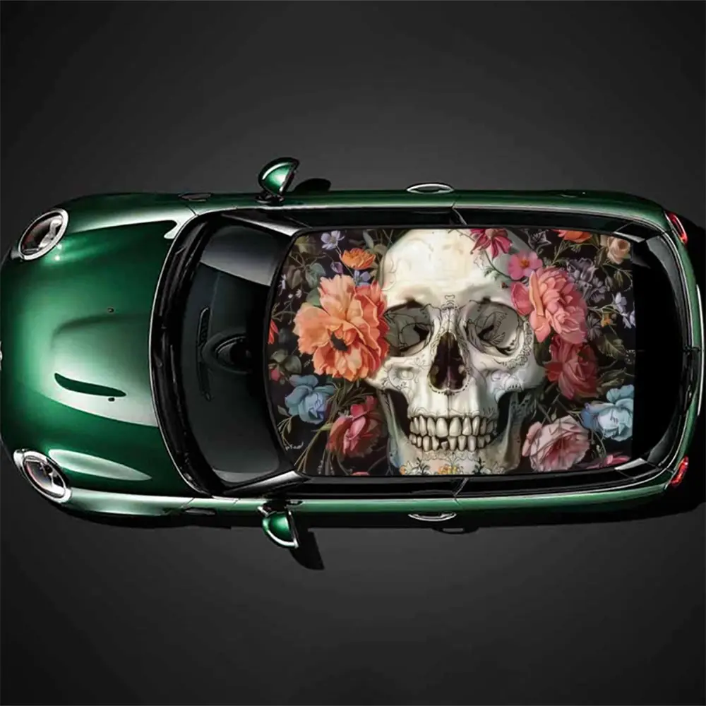 

Smiling Skull Head with Flower Car Roof Sticker Wrap Racing SUV Auto Accessories Packaging PVC Car Hood Graphic Decal Decoration
