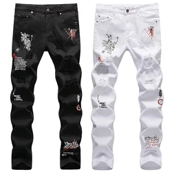 2022 Men Ripped Jeans White Black Stretch Slim Fit Spring Autumn Denim Pants Distressed Hip Hop Streetwear Biker Jeans Pants
