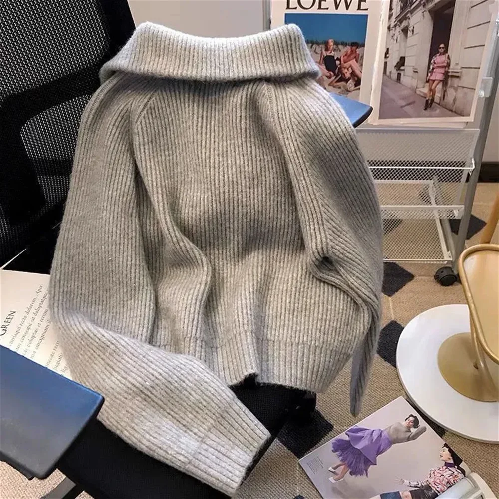 Double Zipper Vintage Flip Collar Women Harajuku Autumn Winter Knitted Cardigan Sweater Jacket Student Korean Version Ladies Top