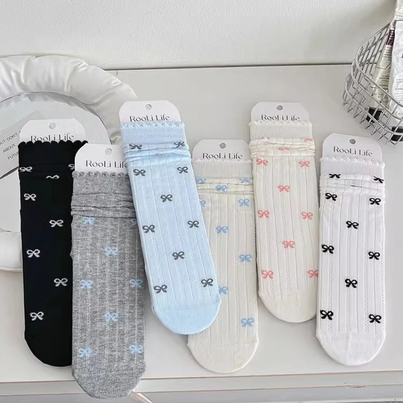 

1/6 пар повседневных удобных женских носков средней длины, милые женские носки с кружевным бантом, летние тонкие впитывающие пот носки с ворсом