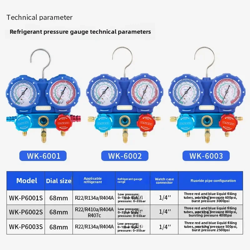 ​​WK-P6002S AC Manifold Gauge Set for R410A Refrigerant, Dual Pressure Gauge for Air Conditioner Charging & Maintenance​​