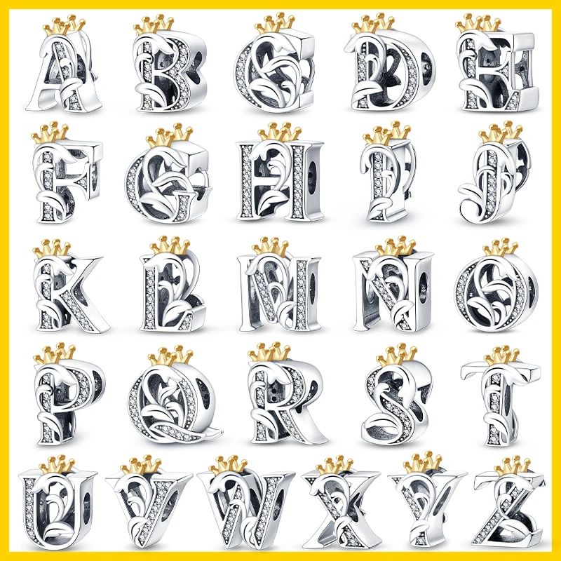 925 Silver Plated 26 Alphabet Gold Crown Letters Charms Bead Fit Pandora 925 Original Bracelet Fine DIY Anniversary Jewelry Gift