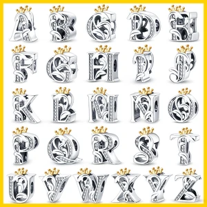 925 Zauber, die zu Silver Perle, 26 Alphabet, goldene Kronenbriefe, originales Pandora -Armband, Fine DIY, Jobs Geschenkgeburtstag gebadet wurden 8 Hauptverkaufskonten Brief an Pandora - №6