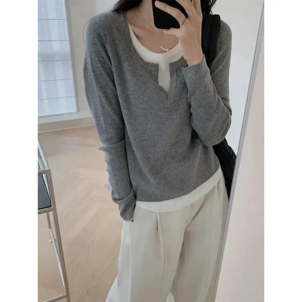 2025 الخريف الشتاء طويلة الأكمام الكورية الاسلوب المناسب س الرقبة التي شيرت للنساء وهمية قطعتين تي شيرت السيدات تي شيرت علوي الملابس