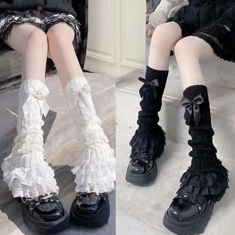 Kawaii Aesthetic Lolita Leg Warmers Ruffled Lace Bowknot Knit JK Boot Cuffs for School Uniform Match