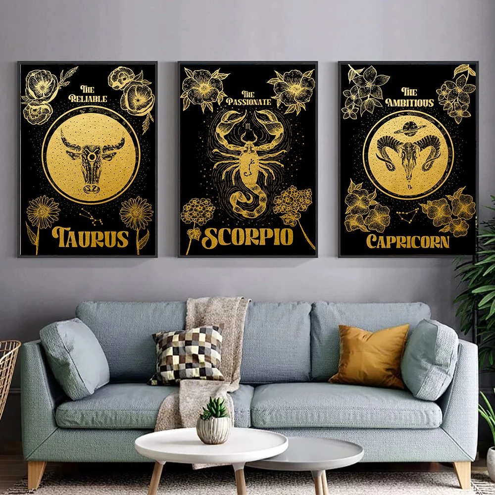 Gold and Black Zodiac Star Sign Wall Art Canvas Poster Astrology Print Boho Cancer Libra Gemini Picture Living Room Decoration