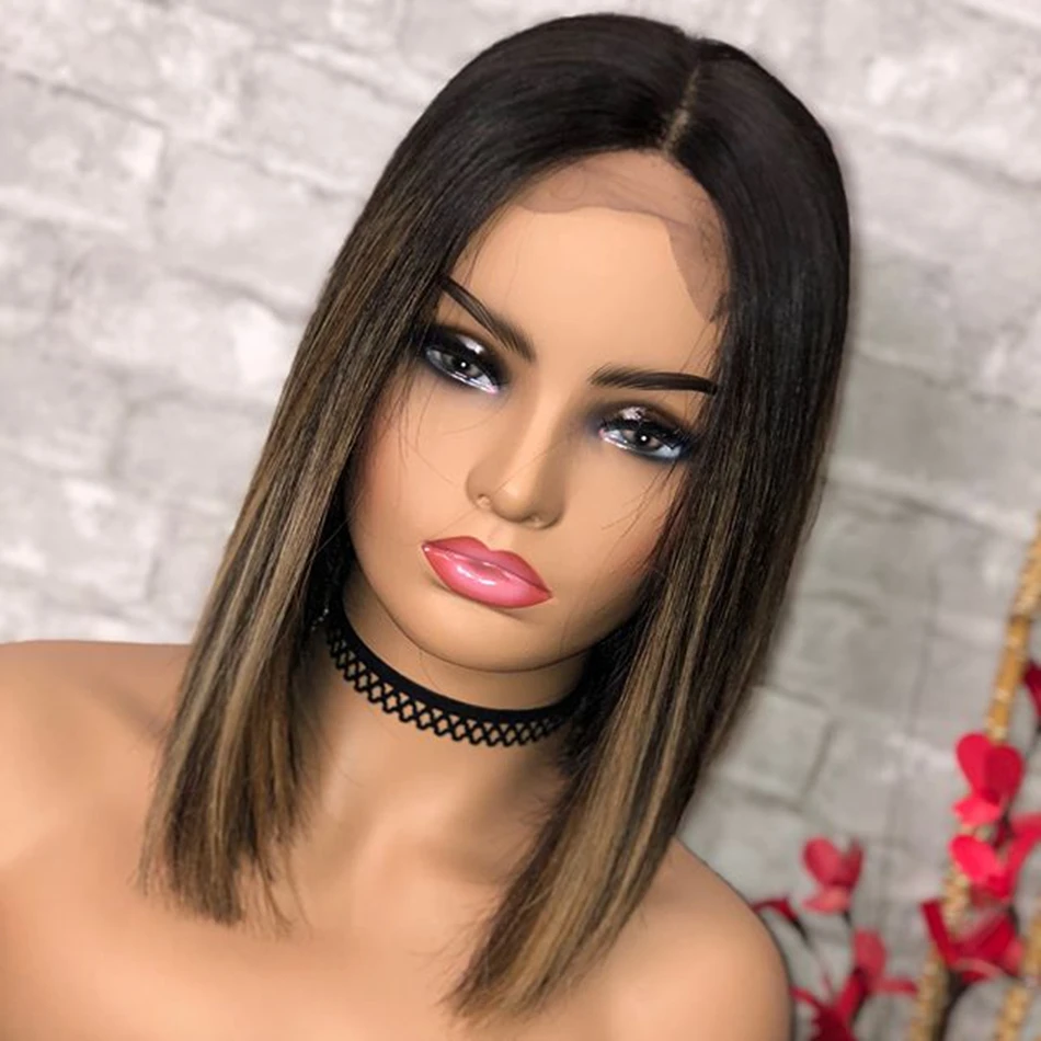 

Ombre Brown Blonde Lace Wig Highlights Human Hair Blend Wigs Short Bob Pre plucked Hairline For Women Cosplay Daily Party Cheap