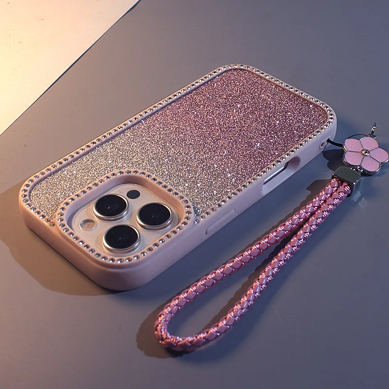 Double-sided Rhinestone Gradient Glitter Phone Case with Lanyard for iPhone 11 12 13 14 15 16 17 Pro Max Anti-fall Back Cover view 4