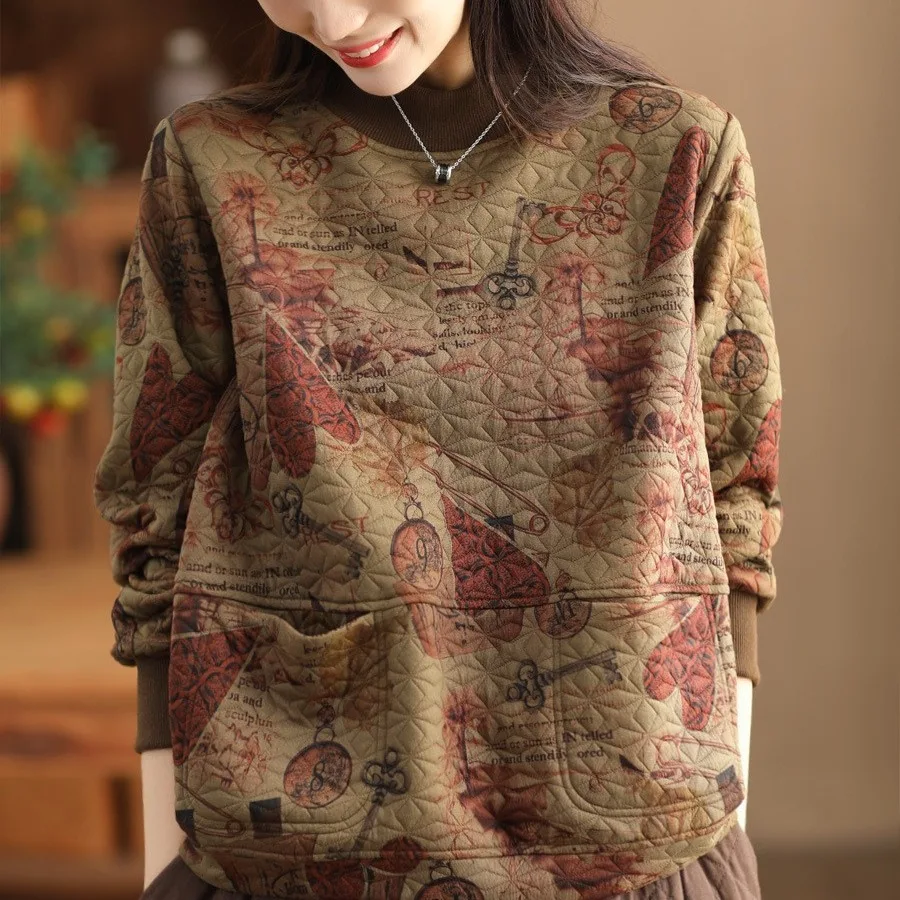 Vintage Print Cotton Linen Women Sweatshirt Fashion Patchwork Thicken Loose Pockets Literary Elegant Simple Cozy Female Pullover