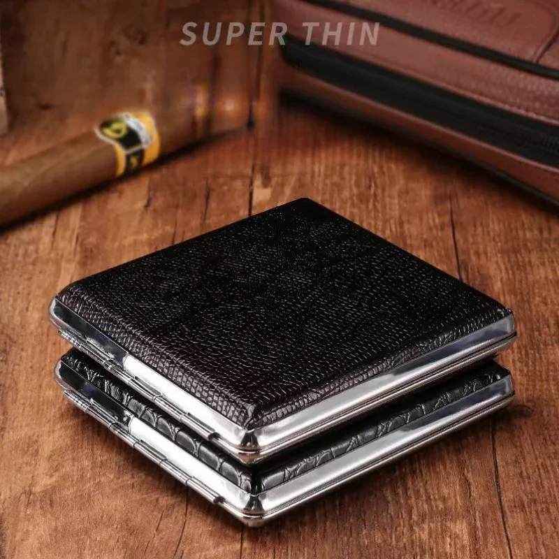 Hot Sale Leather Cigarette Case Box Personalized Creative 20 Sticks With Brown Holder Metal Leather Holds Rubber Band Gift
