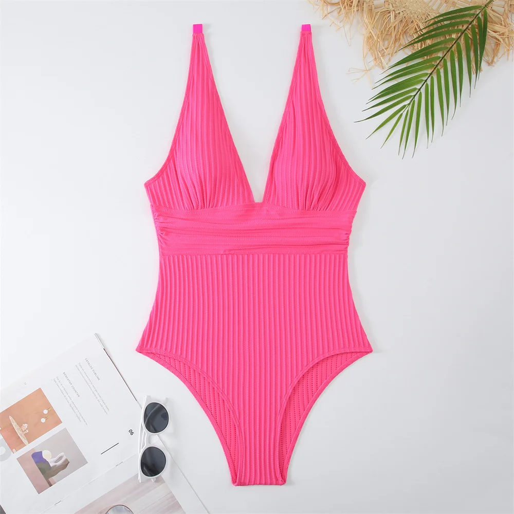 Retro Bikini High Waist Ribbed Deep-V Sling Swimsuit Monokini Y2K Vacation Swimwears One Pieces Women Beach Outfit Bathing Suits