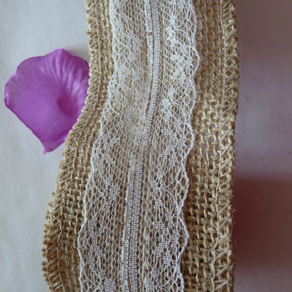 

2m Brown White Lace Hessian Burlap Ribbon Sewn Edge Vintage Style Wedding Home Decor DIY Craft Tape Jute Ribbon