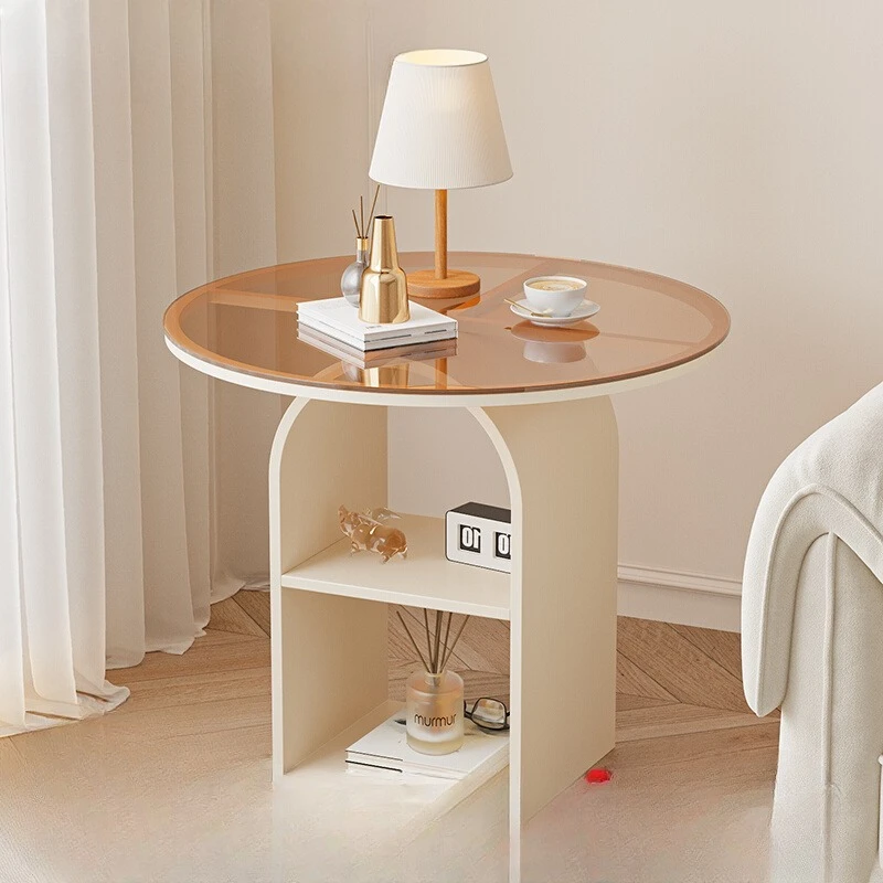 

Cream wind sofa edge corner table modern simple creative glass small coffee table tea table small apartment light luxury shelf