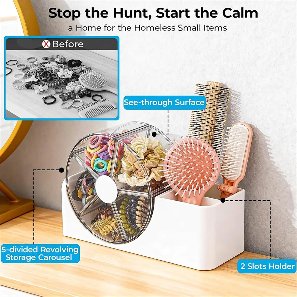 Home Tool Hair Accessories Organizer for Girls, 2-Slot Hair Brush Holder & 5-Section Rotating Wheel, Cute Makeup Brush Holder