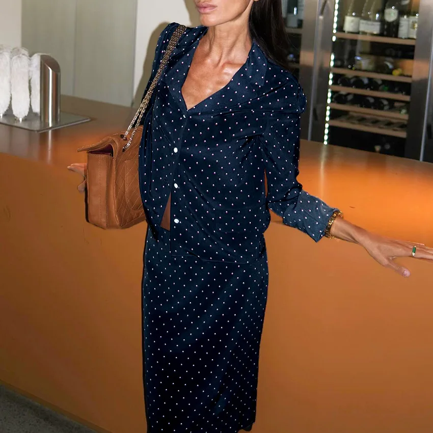Two Pieces Women Polka Dot Dress Set Skinny Matching Sets V Neck Shirts Knee Lenth Skirts Slim Fit Elegant Casual 2026 Autumn