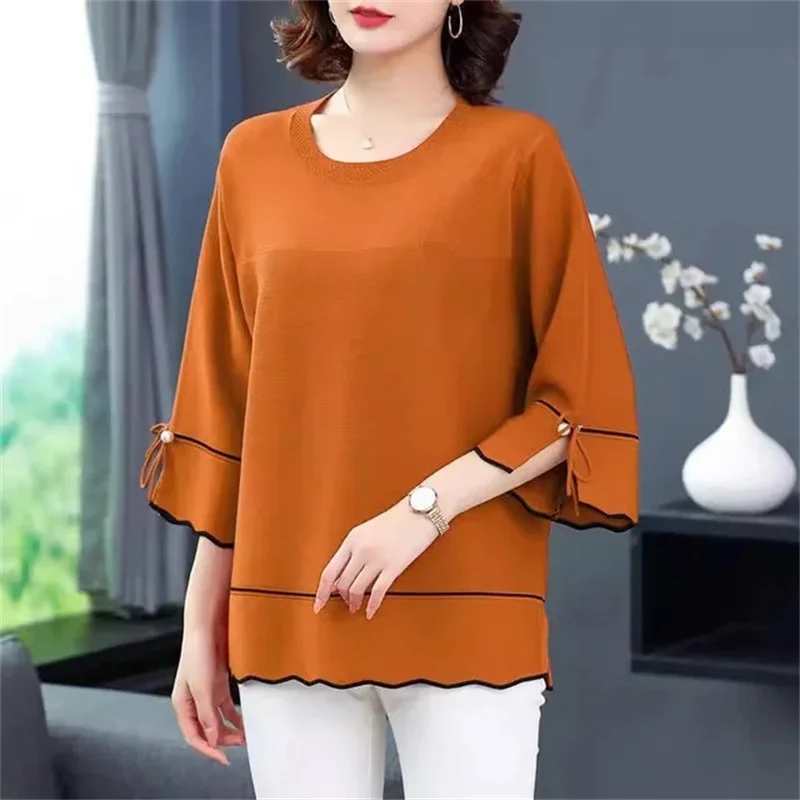 Fat Mom Large Summer New Ice Silk Shirt 3/4 Sleeves Round necked T-shirt Knit Sweater Loose Fitting Top For Wearing Outwear Top