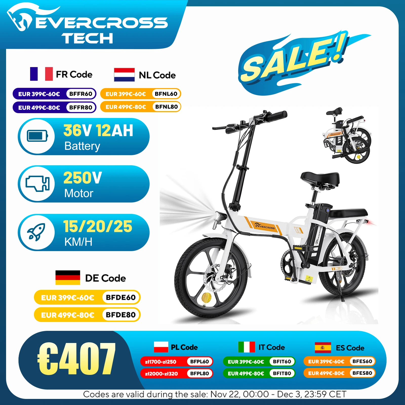 EVERCROSS TECH EK5 Electric Bike, 250W Adult E Bike, 20-45Km Foldable Electric Bike, 15/20/25 KM/H, 16'' Adult Electric Bike