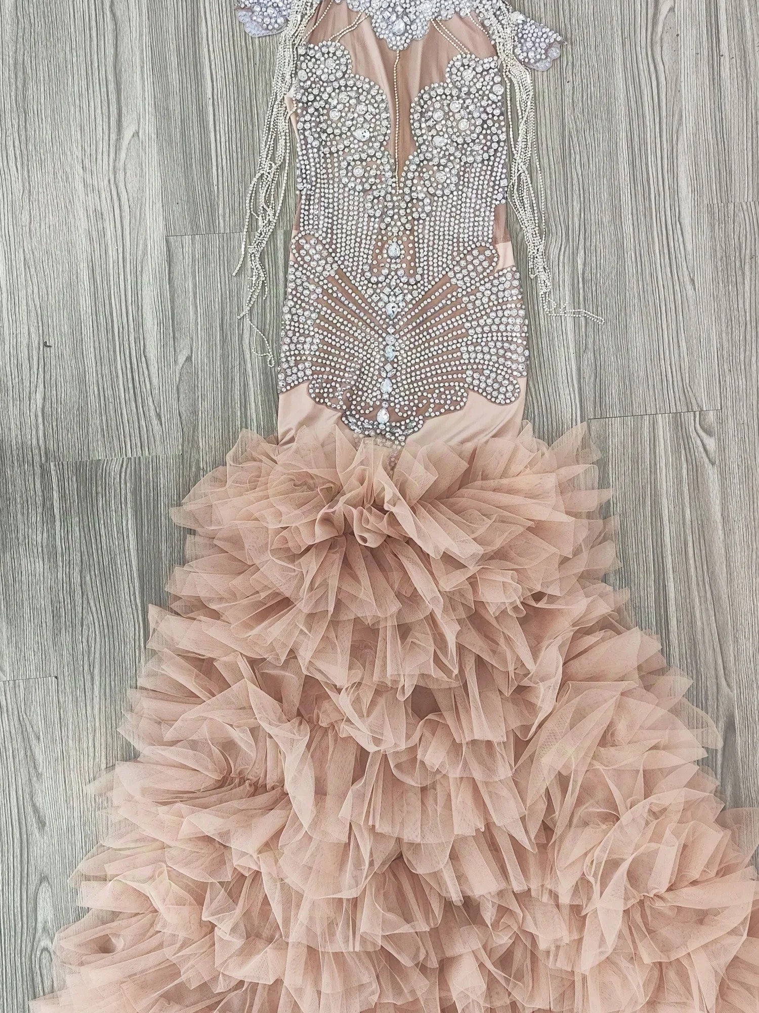 Birthday outfit Rhinestone Elegant Tassel Evening Dress Party Stage Outfit Elastic Gown Sheer Mesh Sexy Luxury Long Dress