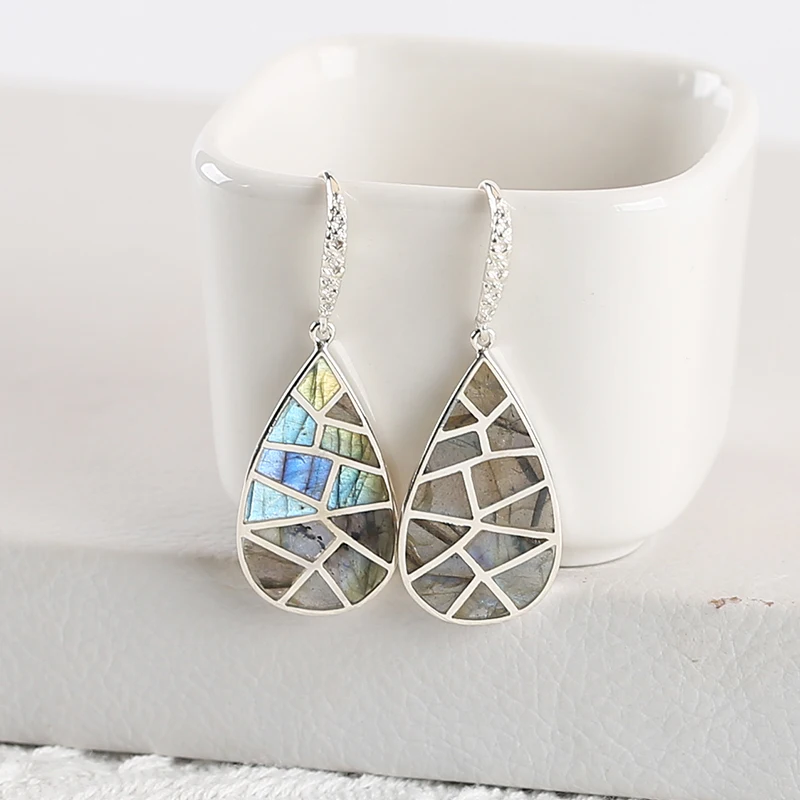 925 Silver Gemstone Earrings Wholesale! 925 Silver M.O.P. And Labradorite Intarsia Earring Beads, Unqiue Earring Set