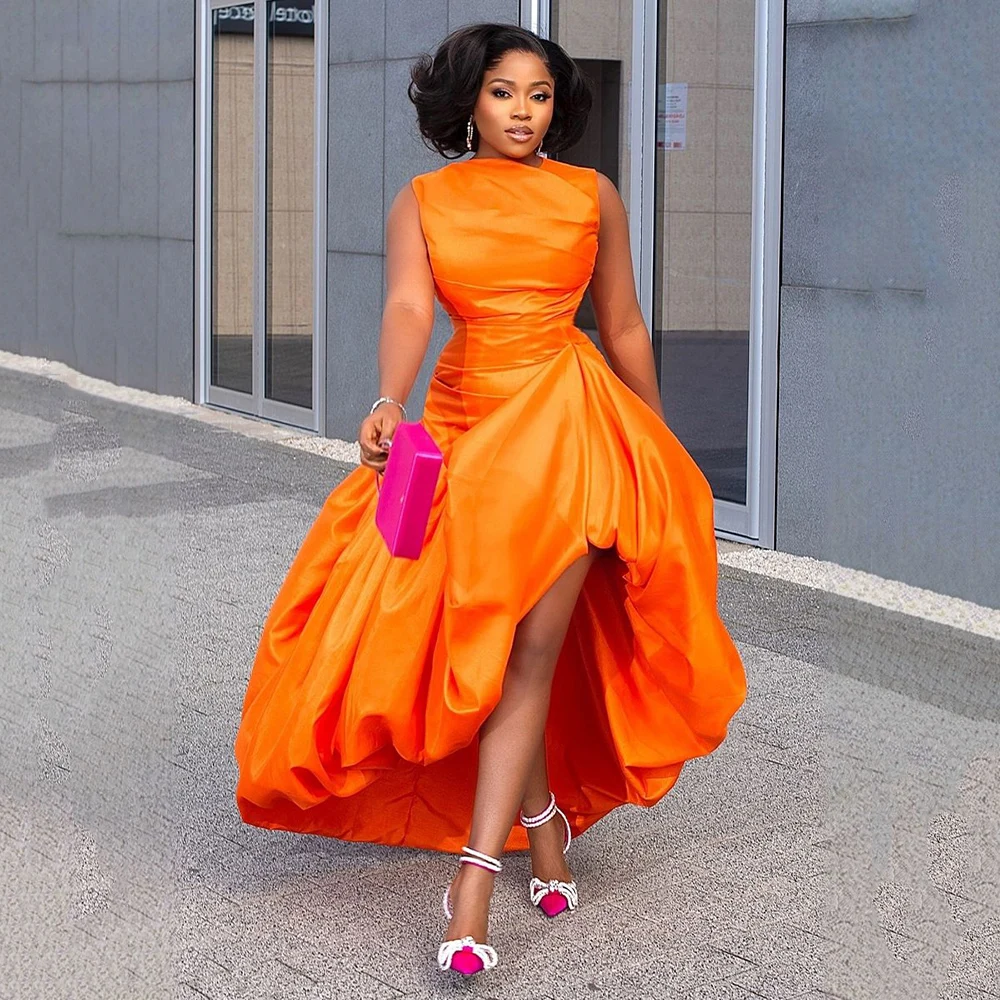 Dames elegante cinch taille cocktail maxi-jurk oranje ronde hals mouwloos hoge taille slank chic diner club feest lange jurken - afbeelding 2