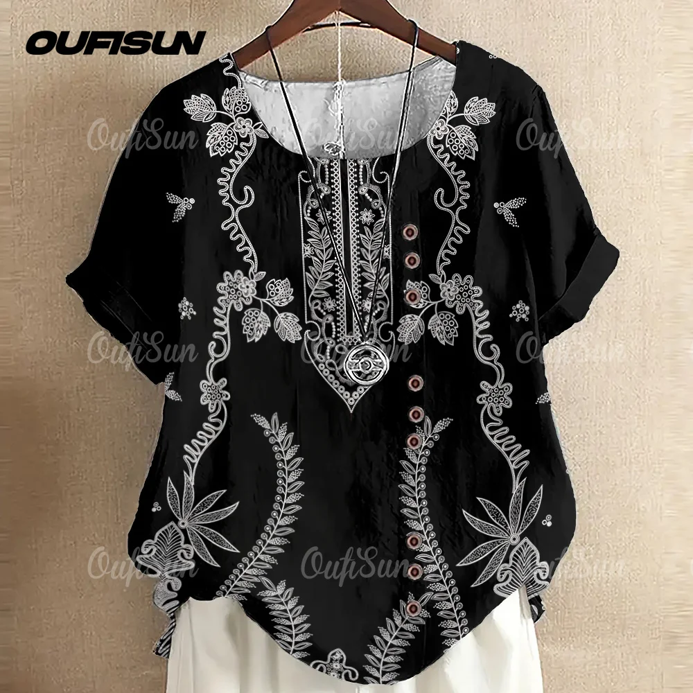 

Summer Women's Retro Bohemian Print T-Shirt Ethnic Style Casual Round Neck Loose Short Sleeve Tops For Ladies Female Clothes