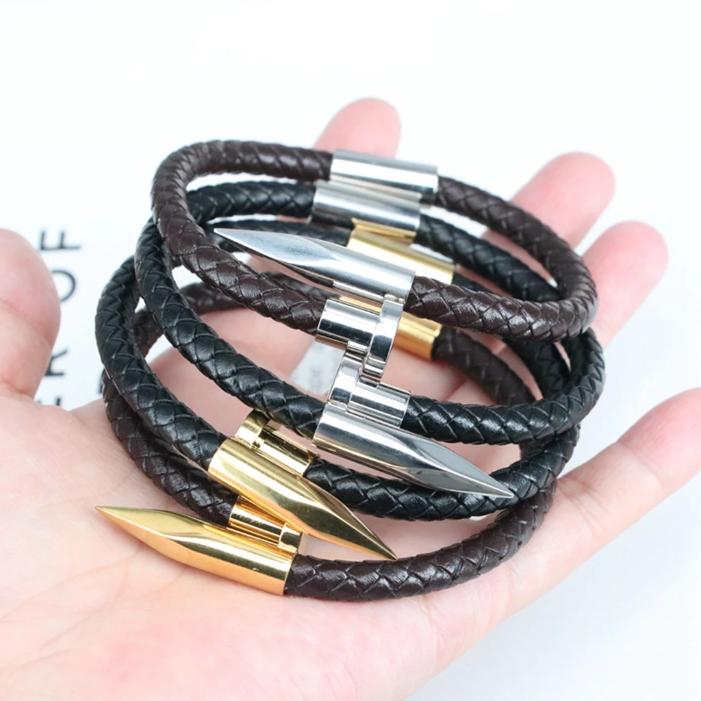 

4Pcs/Hot Men's Nail Bracelet Titanium Steel Jewelry Leather Accessories Stainless Steel Weaving Bangle Male Jewelry Gift