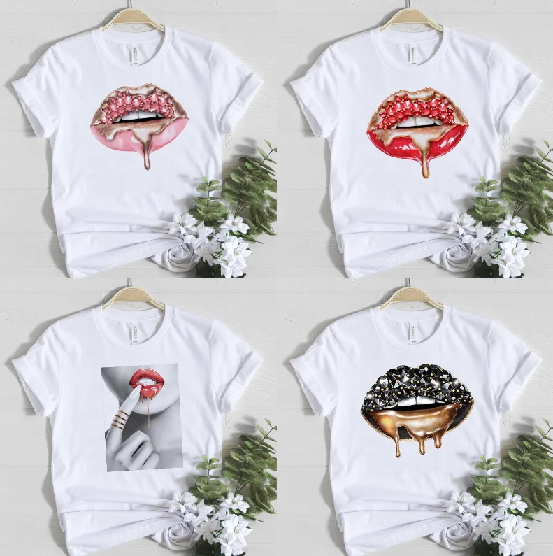 

Женская модная и удобная домашняя одежда с короткими рукавами и ромбовидным рисунком губ, свободная футболка с круглым вырезом и короткими рукавами