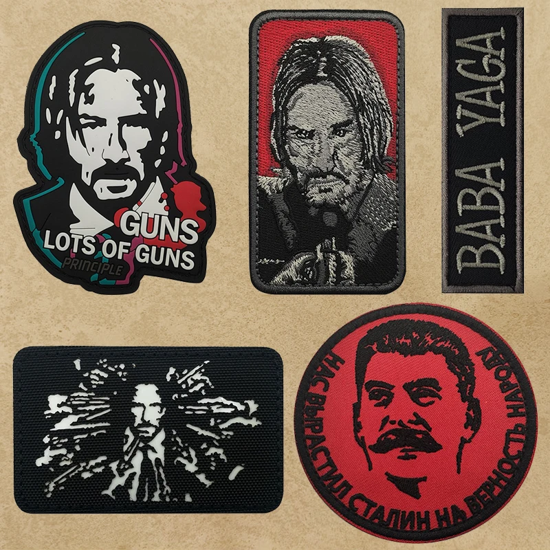 Hot Selling PVC Rubber Patch BABA YAGA John Wick Reeves Head Embroidered Cloth Backpack with Hook and Loop Patches for Clothing