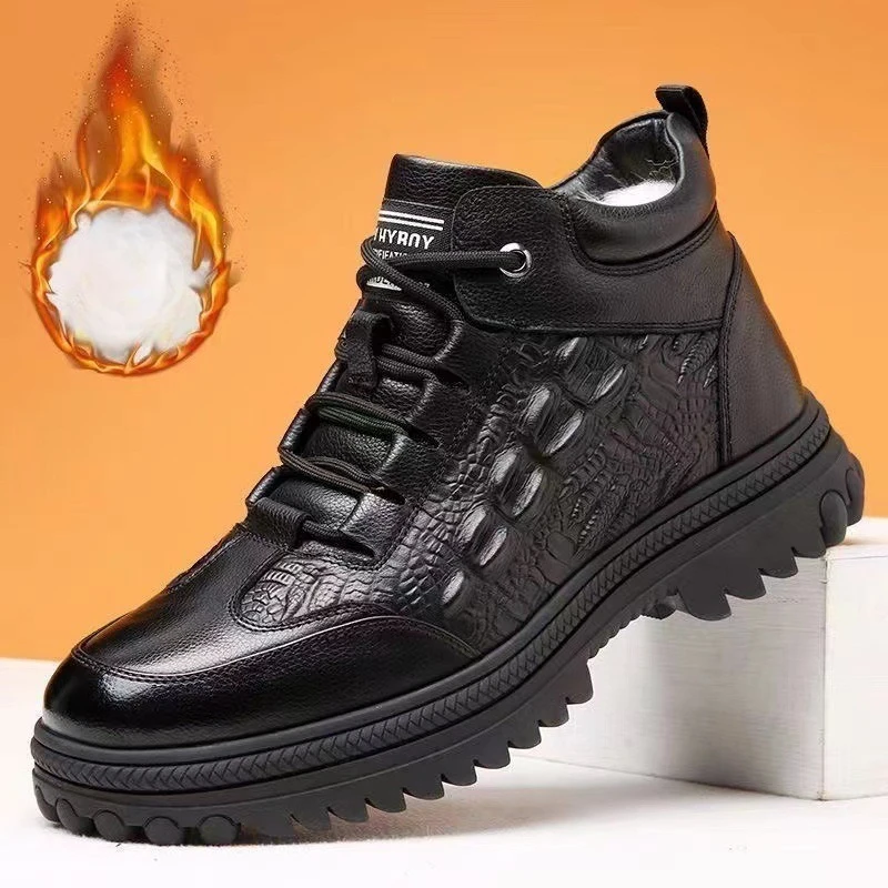 Men's Winter Ankle Boots Thickened Fleece Lined Casual Shoes Soft Bottom Anti-slip Fashion Black Leather Shoes Men Cotton Shoes