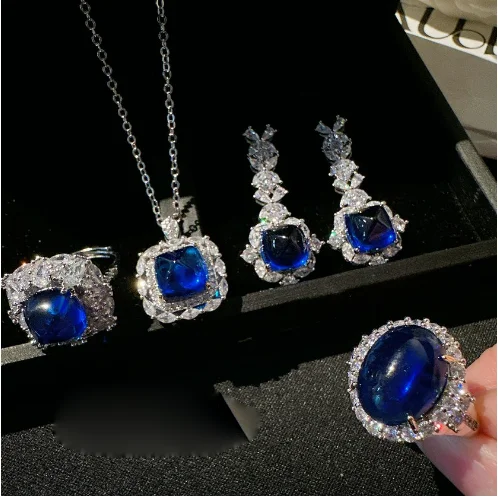 2023 Women Madagascar Sapphire Snowflake Ring Vintage Plated 18K Gold Royal Blue Zircon Flower Earrings