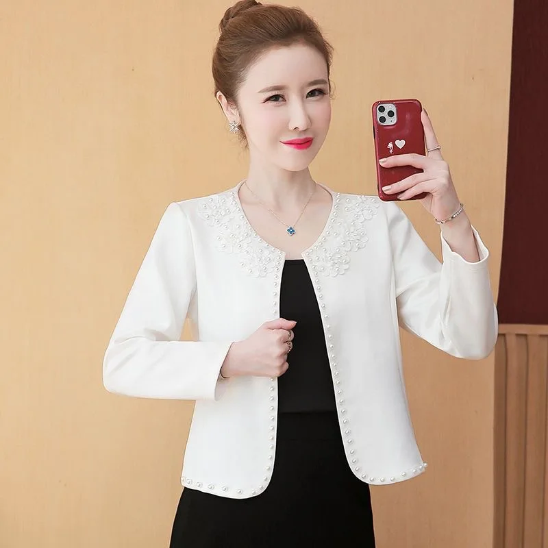 سترة قصيرة بلون نقي للنساء ، بدلات للربيع والخريف ، معطف بياقة مستديرة ، سترة صوفية بالخرز للأظافر ، سترة نسائية ، ملابس خروج أنيقة ، جديدة ،