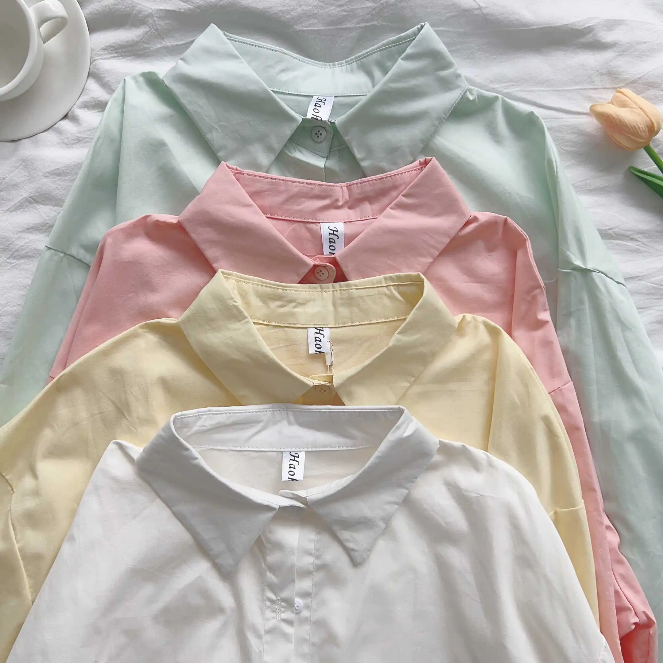 

Розовая однотонная женская рубашка с длинным рукавом из мягкого хлопка, универсальная, для весны и осени, молодежная, художественная, с воротником, в стиле бохо.