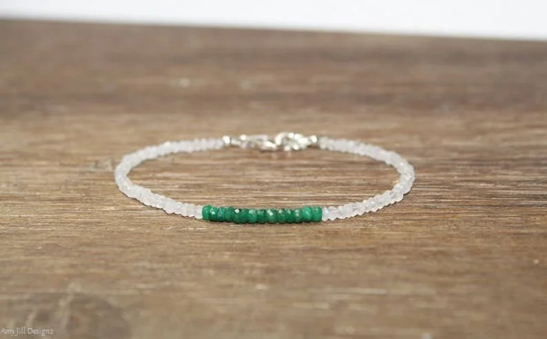 Emerald & Moonstone Bracelet, Beaded, Stacking, Emerald Jewelry, Gemstone Bracelet, May Birthstone