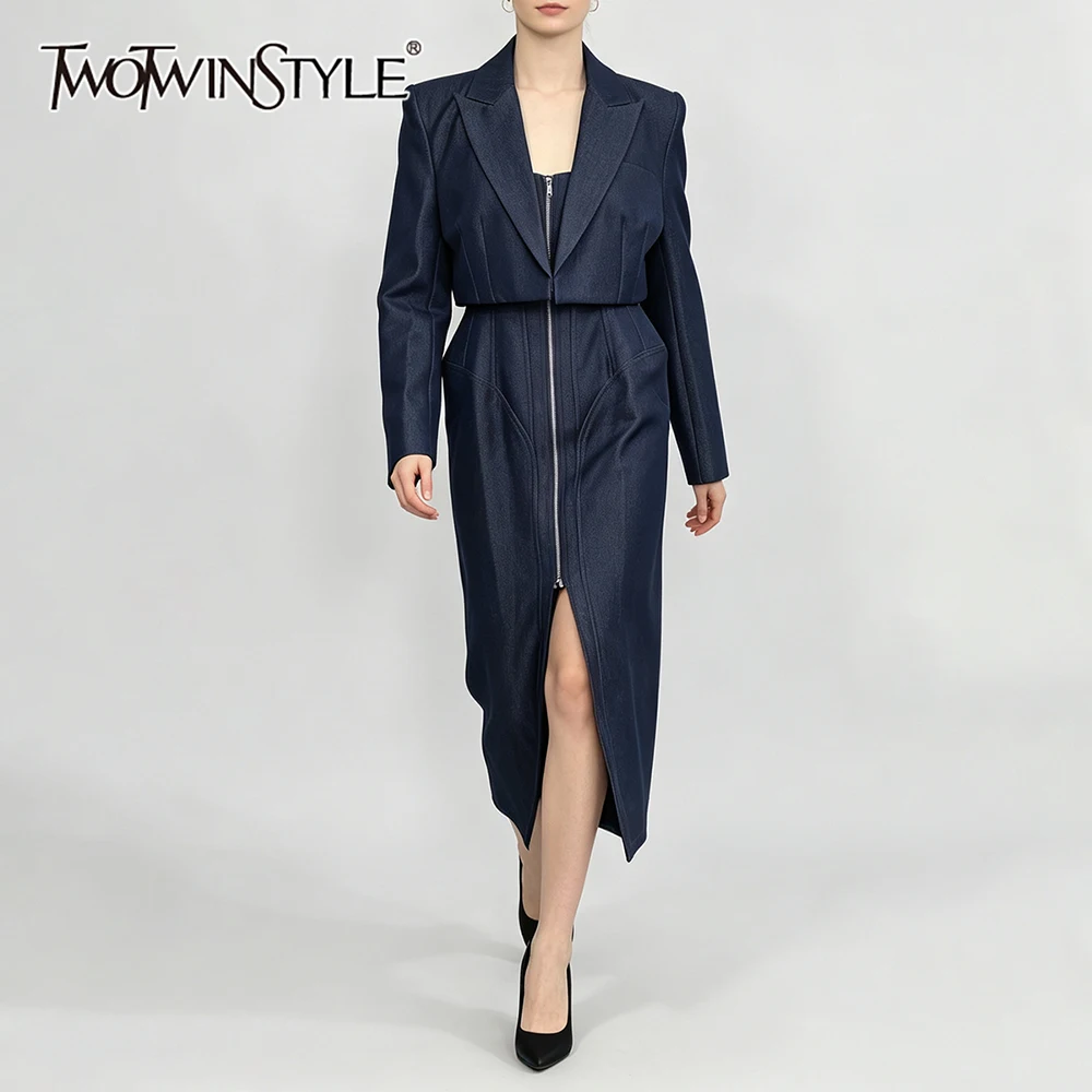TWOTWINSTYLE Solid Textured Two Set Women Lapel Zipper Design Cropped Top Split Midi Bodycon Dress Outfits Formal Office Party