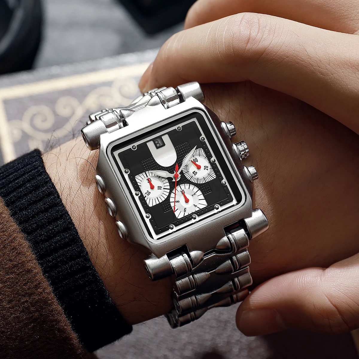 Cool Square Mens Chronograph Watch Multi-function 3 Dials Quartz Wristwatch Silver Metal Strap Large Dial Sports Watch for Men