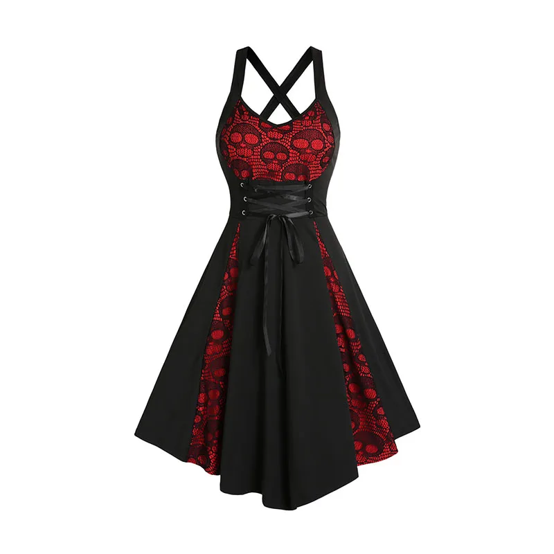 Dressfo 2024 Womens Gothic Dress Skull Lace Godet Dress Lace Up Cross Back A Line Dress Halloween Dresses