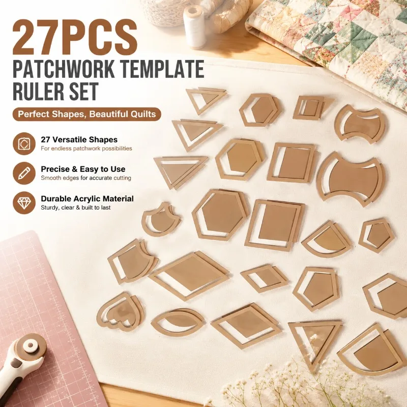 27Pcs Sewing Quilting Template Set, Clear Acrylic Measuring Rulers, DIY Handcraft Auxiliary Kit, Transparent Pattern Drafting