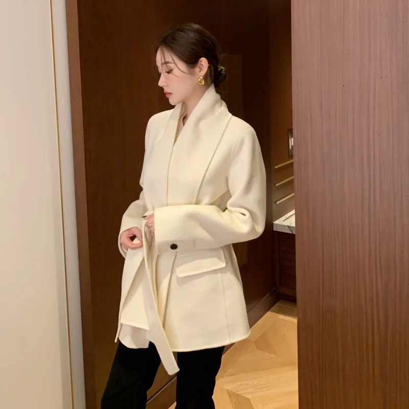 

Trench Woolen Coat Women 2025 Spring Autumn New Tops Mujer Y2k Lace Up Slim Waist Long Sleeve Jackets Wrap Chic