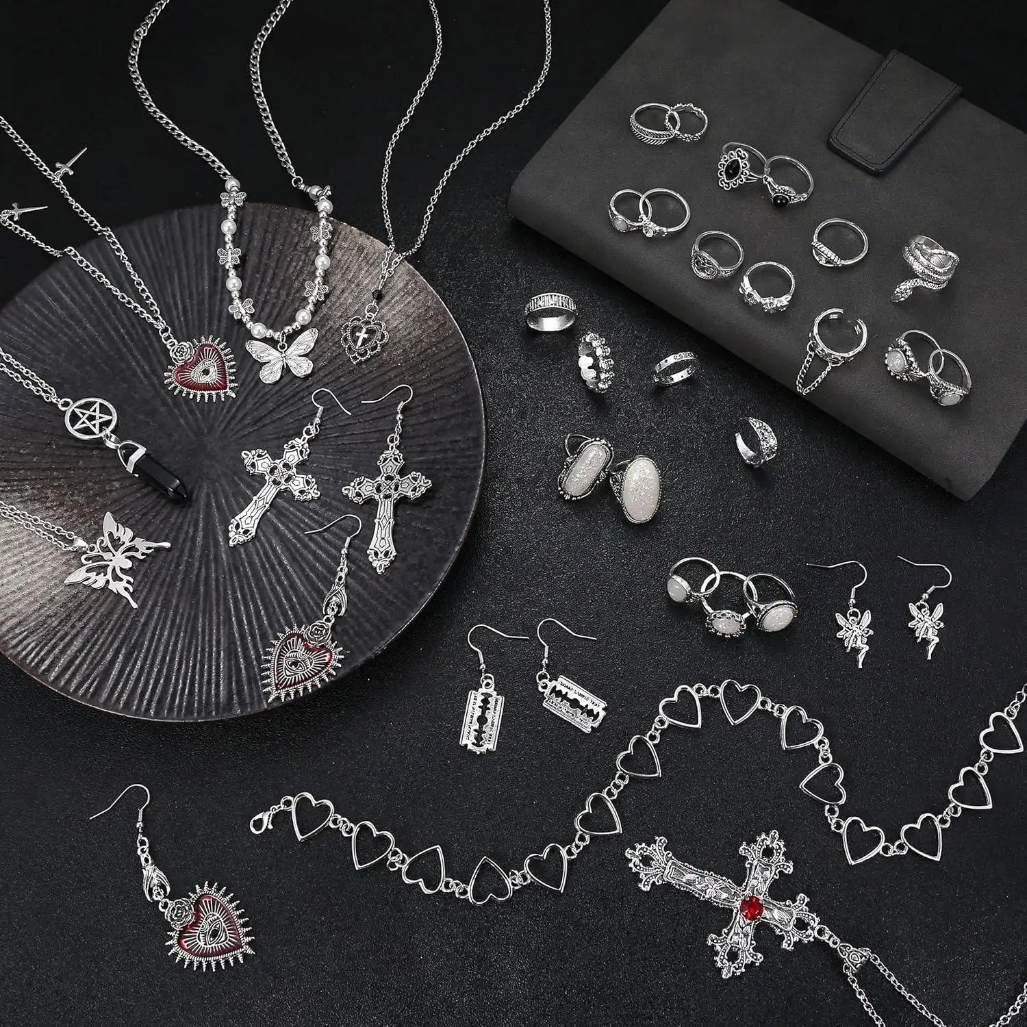 33Pcs Grunge Vintage Punk Necklace Jewelry Set Gothic Earrings Fairy Butterfly Boho Crystal Y2k Cross Pendent Butterfly Heart Choker Goth Stackable Knuckle Rings Adjustable Y2k Accessories for Women Men view 5