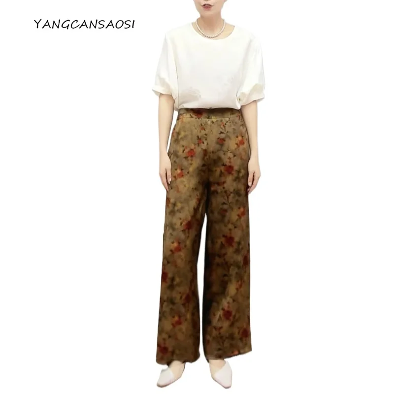 

Women's Spring/Summer Fashion Clothing Heavy 100% Natural Mulberry Silk Gambiered Guangdong Gauze Retro Straight Legged Pants