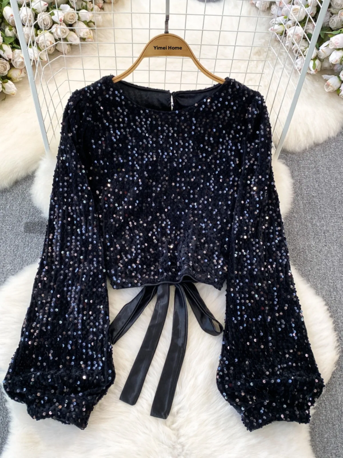 

Faionable Heavy Embellied Velvet Round Ne Bal Tie Футболка Женский Повседневный Шикарный Топ Осень Зима Уличный Корейский ...