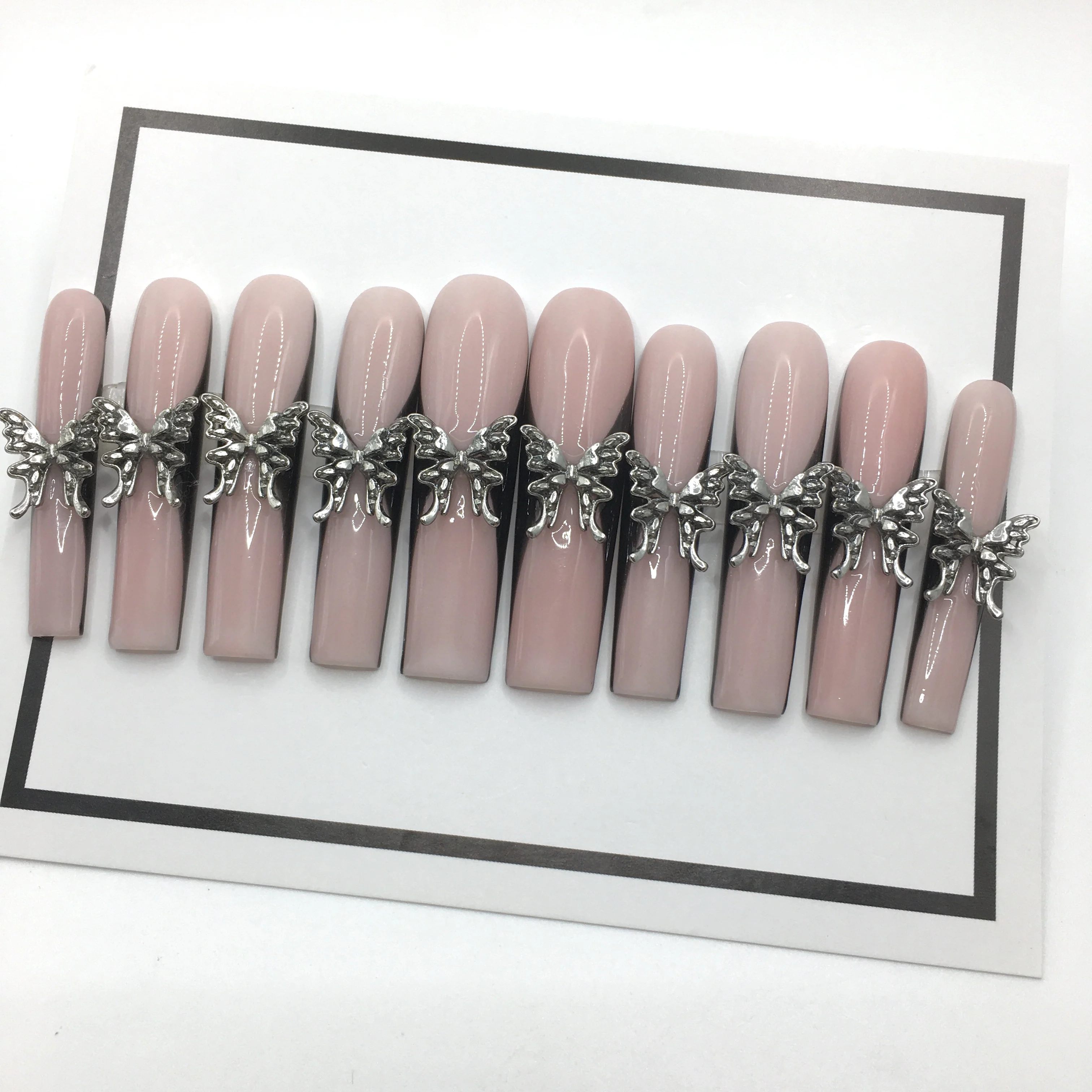 

High Quality Handmade Artificial Fingernails french style Butterfly metal luxury fingernails