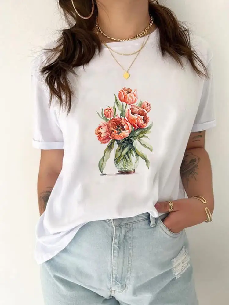 Camera Flower Sweet 90s Style Casual Short Sleeve Graphic T Shirt Clothing Female Print T-shirt Top Women Fashion Tee